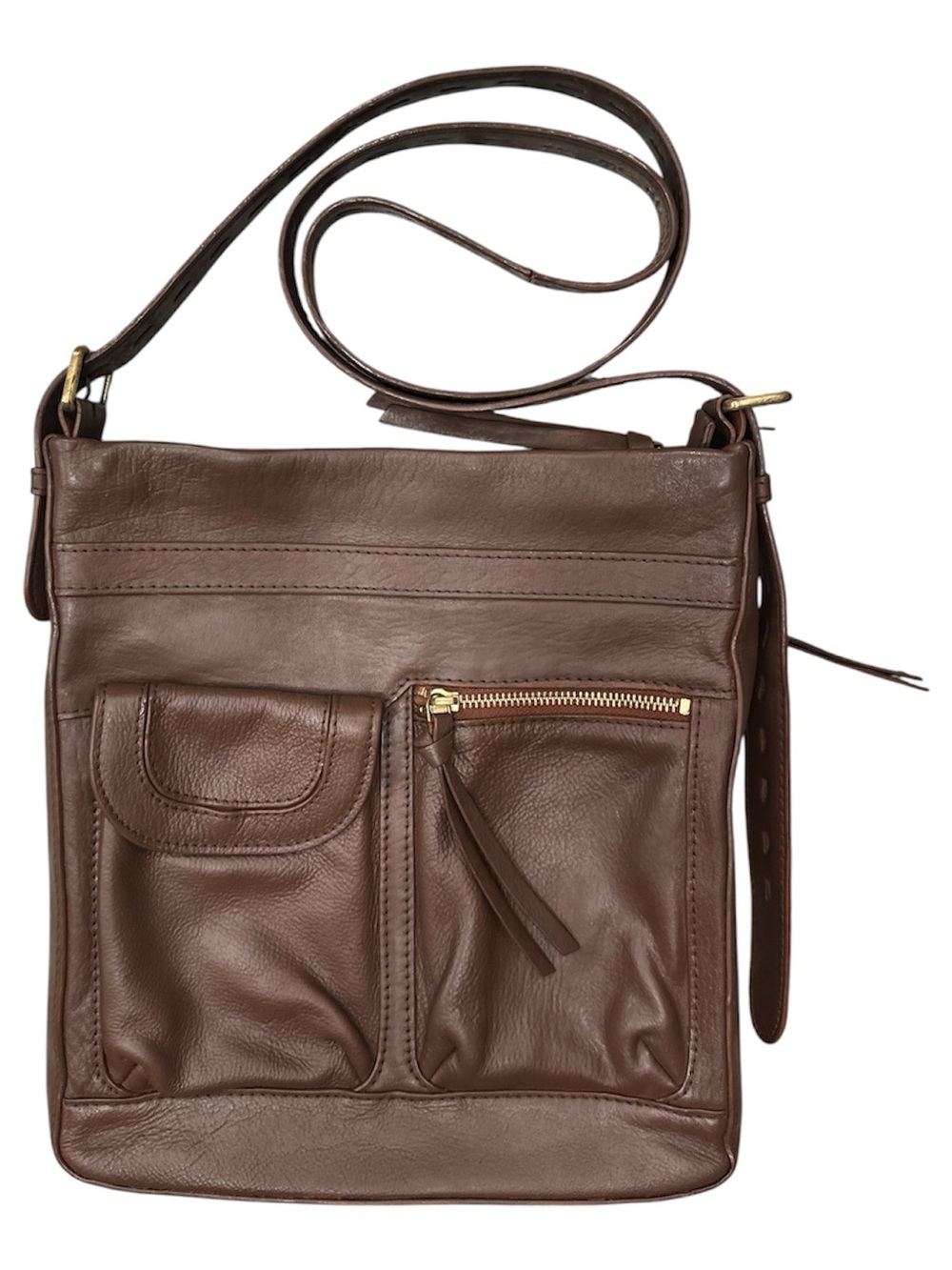 C&C California Brown Leather Crossbody Bag Purse Multi Pocket Adjustable Strap